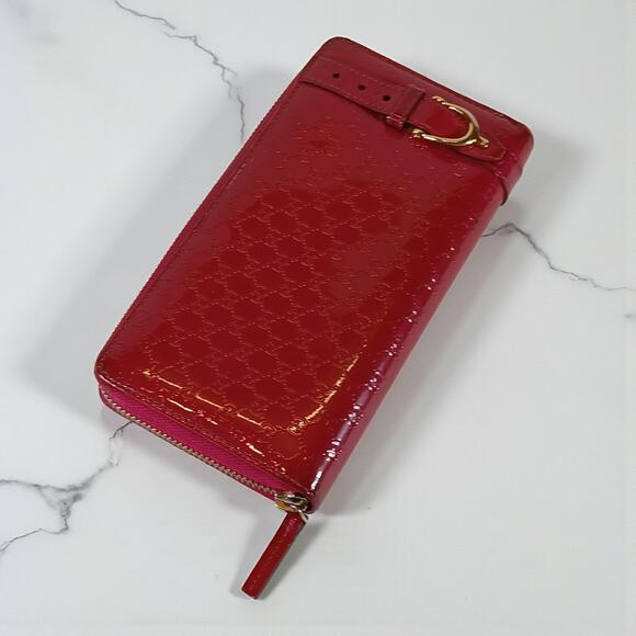 Gucci Shima GG Belted Zip Around Pink Enamel Leather Micro Long Wallet - Picture 4 of 16